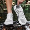 US 13 14 EU 47 48 Mesh Running Shoes Ultra Breathable Athletic Walking Sneakers Women Metallic Silver Gym Workout Tennis Shoes